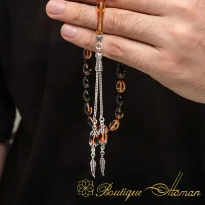 Brown Amber Misbaha With Silver Imame