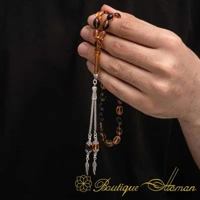 Brown Amber Misbaha With Silver Imame