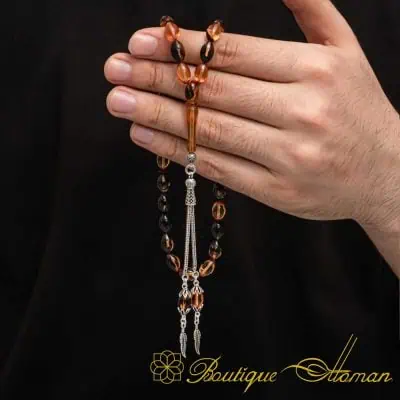 Brown Amber Misbaha With Silver Imame