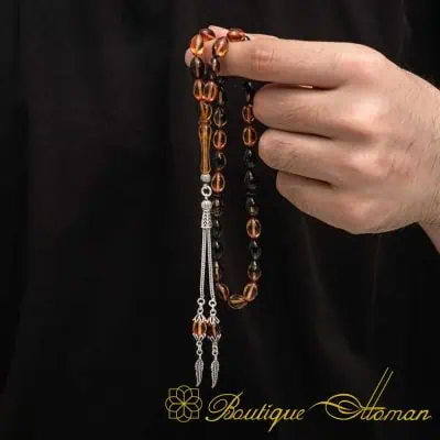 Brown Amber Misbaha With Silver Imame