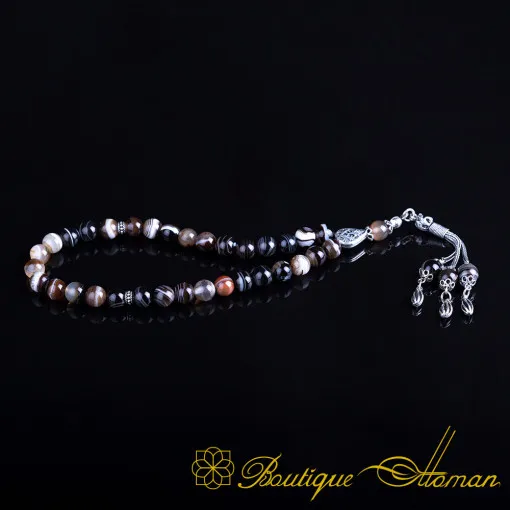 Brown Aqeeq Stone Silver Prayer Beads