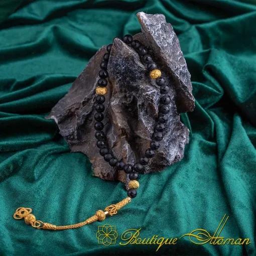 Black Onyx Tasbih With Gold Kazaz Imame