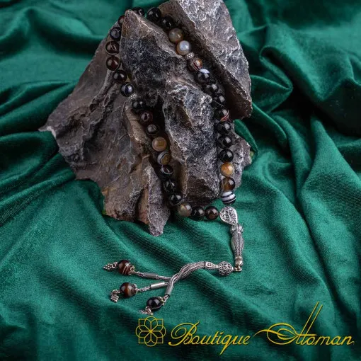 Dark Agate Stone Silver Prayer Beads