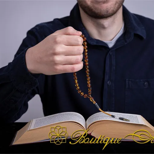 Yellow Amber Tasbih With 1000 ct. Silver Kazaz Tassle-TG-1005