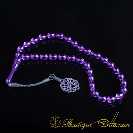 Purple Amber Tasbih With 1000 ct. Silver Kazaz Tassle-TG-1009