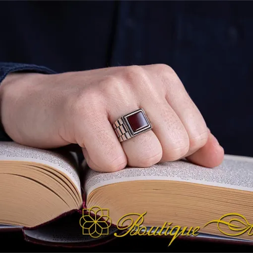 Red Aqeeq Square Silver Men's Ring