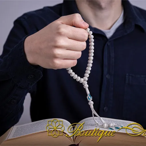 Hand Made Knitted Tasbih White Grey With Blue Zircon Stone - Image 6