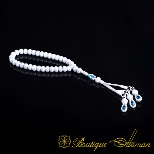 Hand Made Knitted Tasbih White Grey With Blue Zircon Stone
