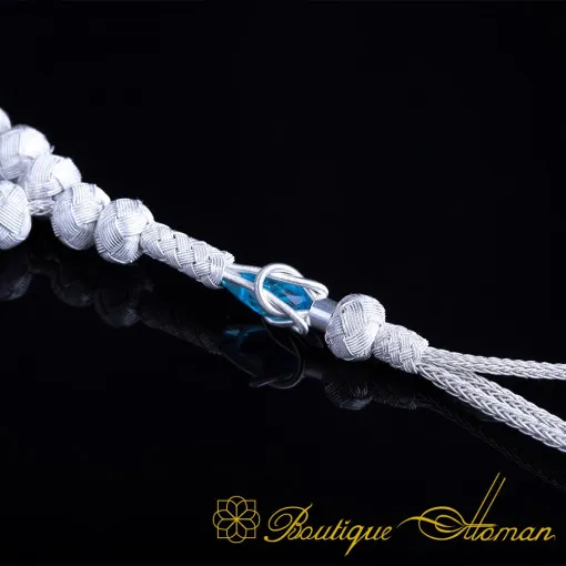 Hand Made Knitted Tasbih White Grey With Blue Zircon Stone