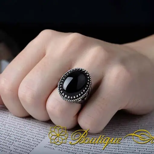 Tughra Detailed Black Aqeeq Silver Ring - Image 2