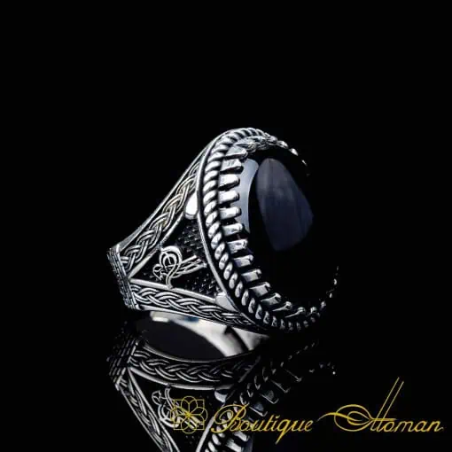 Tughra Detailed Black Aqeeq Silver Ring