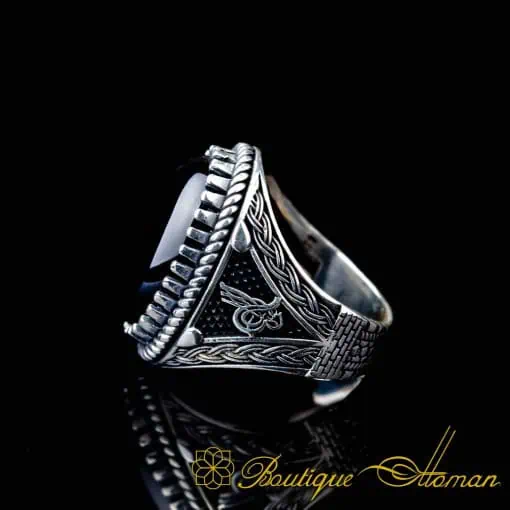 Tughra Detailed Black Aqeeq Silver Ring - Image 4