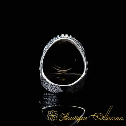 Tughra Detailed Black Aqeeq Silver Ring
