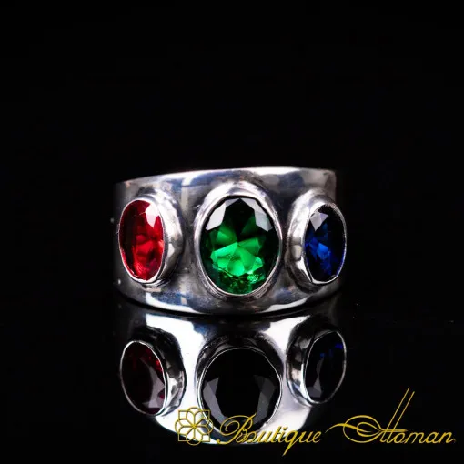 One of a Kind Ruby, Emerald & Sapphire Silver Ring