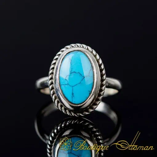 Oval Turquoise Plain Band Silver Women Ring