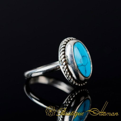 Oval Turquoise Plain Band Silver Women Ring