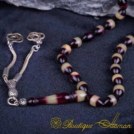 Alternative view of Dark Red Yellow Striped Amber 33 Beads Tasbih Misbaha