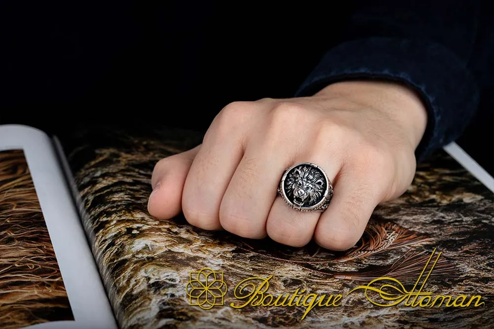 Oxidized Silver Ring With Roaring Lion