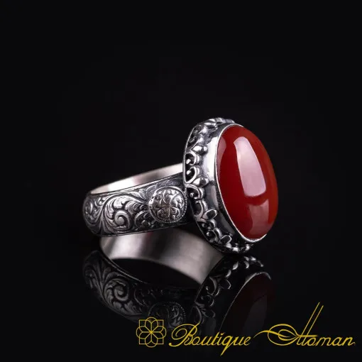 One of a Kind Red Yemeni Aqeeq Silver Ring No:4
