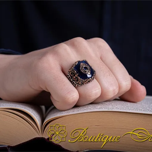 Celebi Collection Blue Amber Ornamented Silver Ring