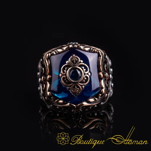 Celebi Collection Blue Amber Ornamented Silver Ring