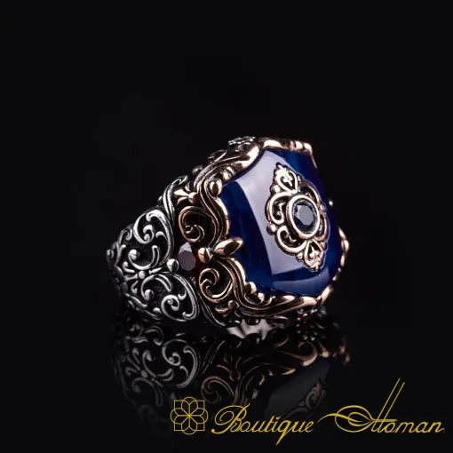 Celebi Collection Blue Amber Ornamented Silver Ring