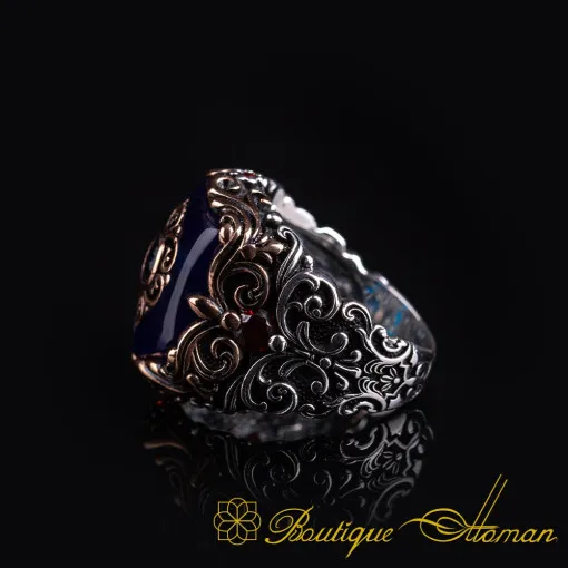 Celebi Collection Blue Amber Ornamented Silver Ring