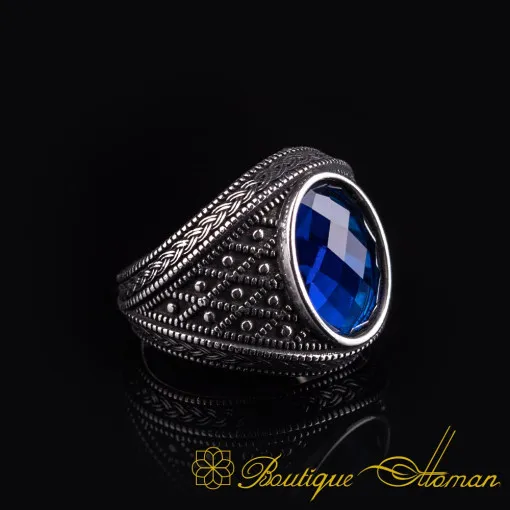 Micro Detailed Faced Cut Blue Zircon Silver Ring