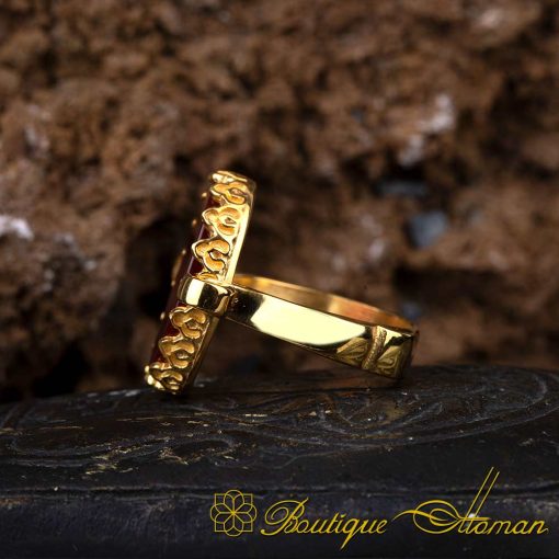 Red Aqeeq Hand Made Simple Women Ring (Gold Plated) - Image 3