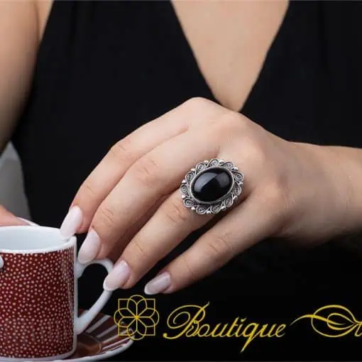 Black Aqeeq Filigree Silver Women Ring - Image 6