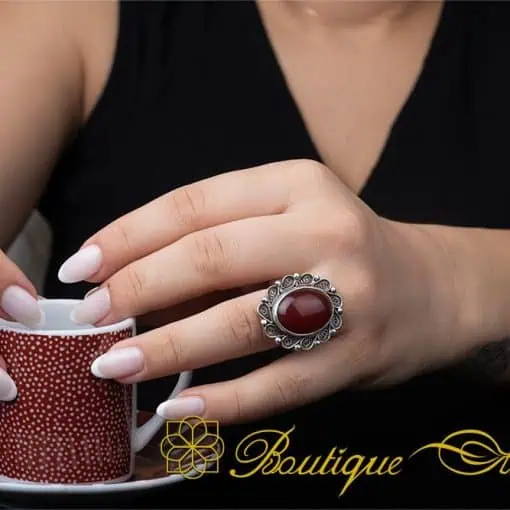 Red Yemeni Aqeeq Filigree Silver Women Ring - Image 6