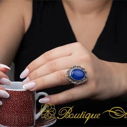 Blue Aqeeq Filigree Silver Women Ring - Image 6