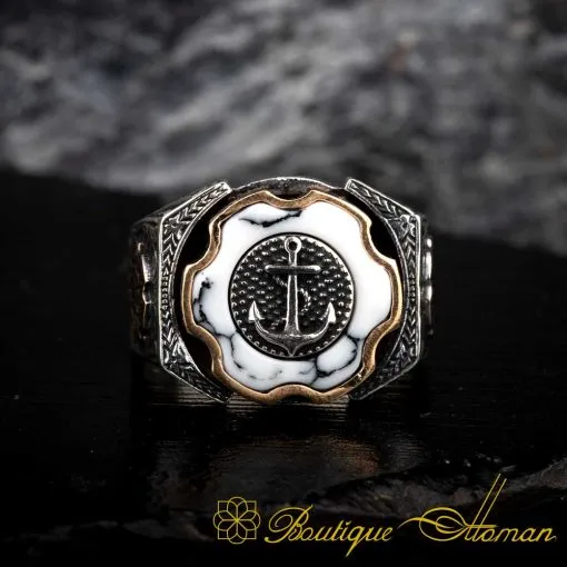 White Onyx Anchor Design Hand Engraved Spinner Ring - Image 3