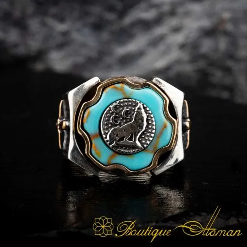 Turquoise Wolf Design Spinner Ring With Sword Figure - Image 3