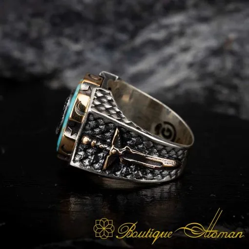 Turquoise Wolf Design Spinner Ring With Sword Figure - Image 4