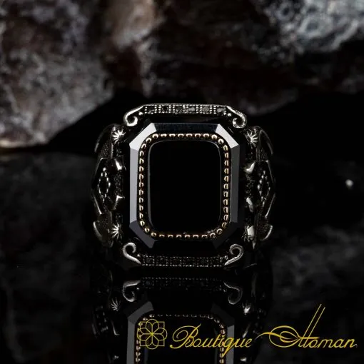 Rectangle Black Onyx Micro Zircon Ornamented Silver Ring - Image 3