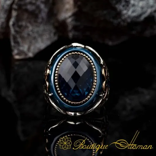 Blue Zircon Oval Micro Ornamented Silver Ring - Image 3