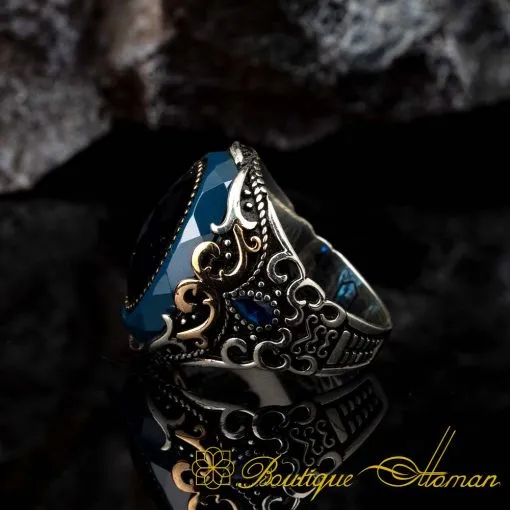 Blue Zircon Oval Micro Ornamented Silver Ring - Image 4