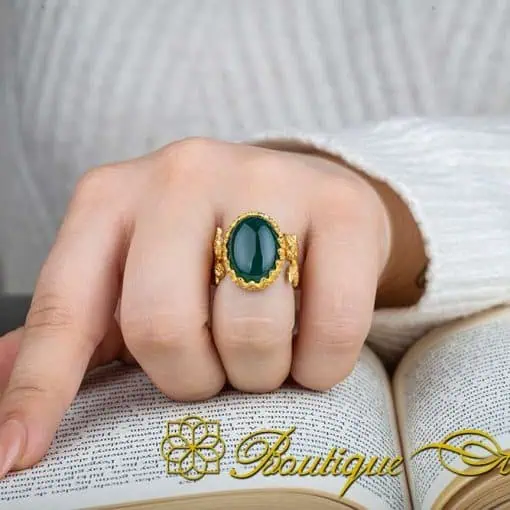 Green Aqeeq D Shape Hand Made Women Flower Ring (Gold Plated) - Image 5