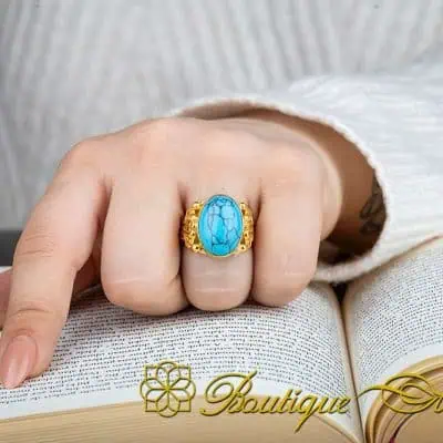 Turquoise Feroza Filigree Sides Women Ring (Gold Plated) - Image 5