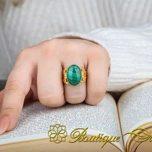Malachite Filigree Women Ring (Gold Plated) - Image 5