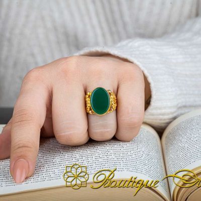 Green Aqeeq Filigree Sides Women Ring (Gold Plated) - Image 5