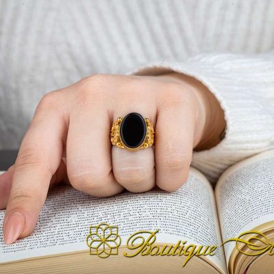 Black Aqeeq Filigree Women Ring (Gold Plated) - Image 5