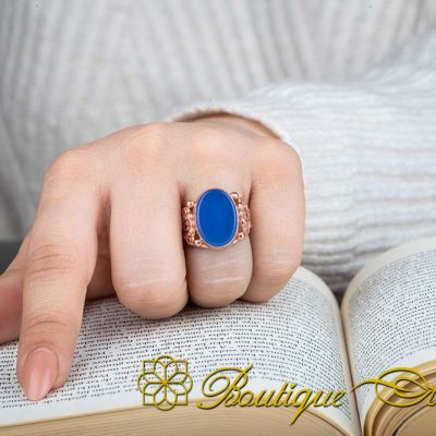 Blue Aqeeq Filigree Sides Women Ring (Rose Gold Plated) - Image 5
