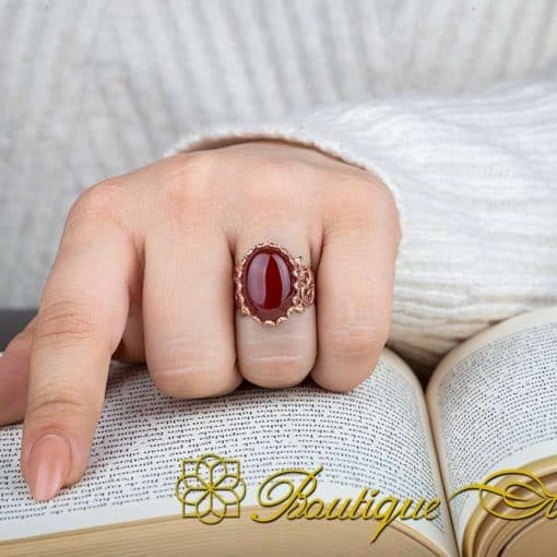 Red Yemeni Aqeeq Flat Handcraft Women Ring (Rose Gold Plated) - Image 5