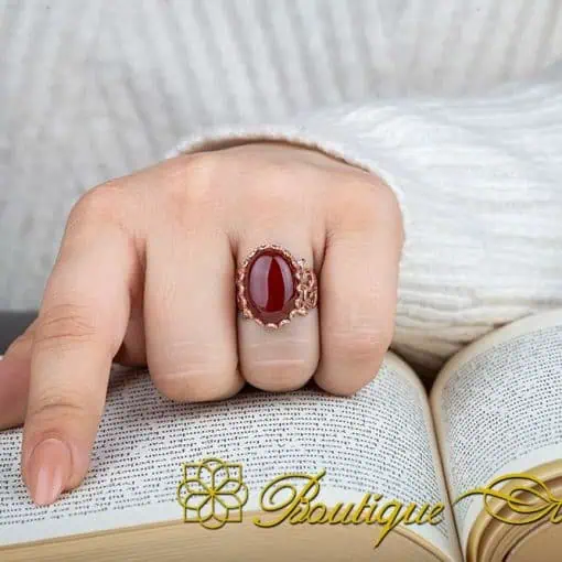 Red Yemeni Aqeeq D Shape Handcraft Women Ring (Rose Gold Plated) - Image 5