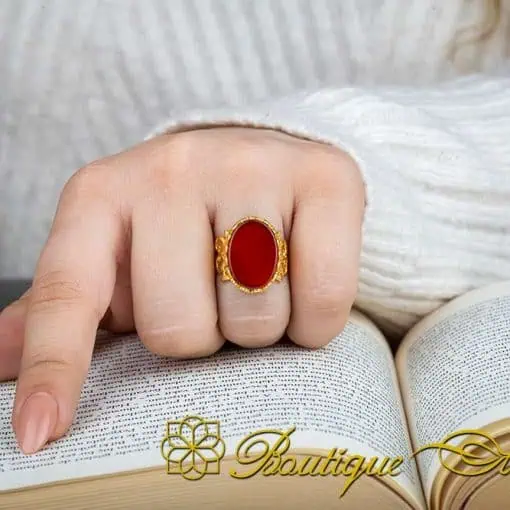Red Yemeni Aqeeq D Shape Handcraft Women Ring (Gold Plated) - Image 5