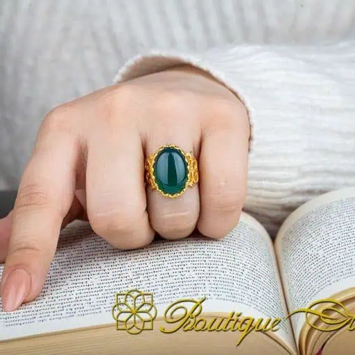 Green Aqeeq D Shape Handcraft Women Ring (Gold Plated) - Image 5