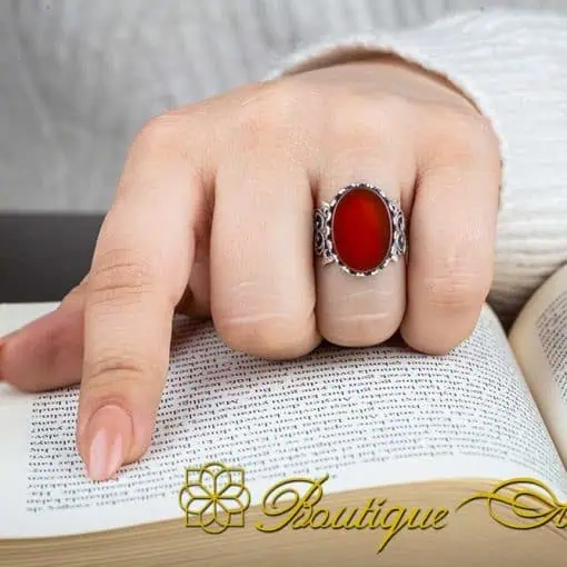 Red Yemeni Aqeeq D Shape Handcraft Women Ring - Image 5