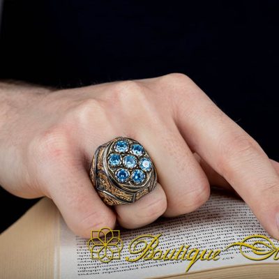 Hand Engraved Aquamarine Pieces Men Ring - Image 5